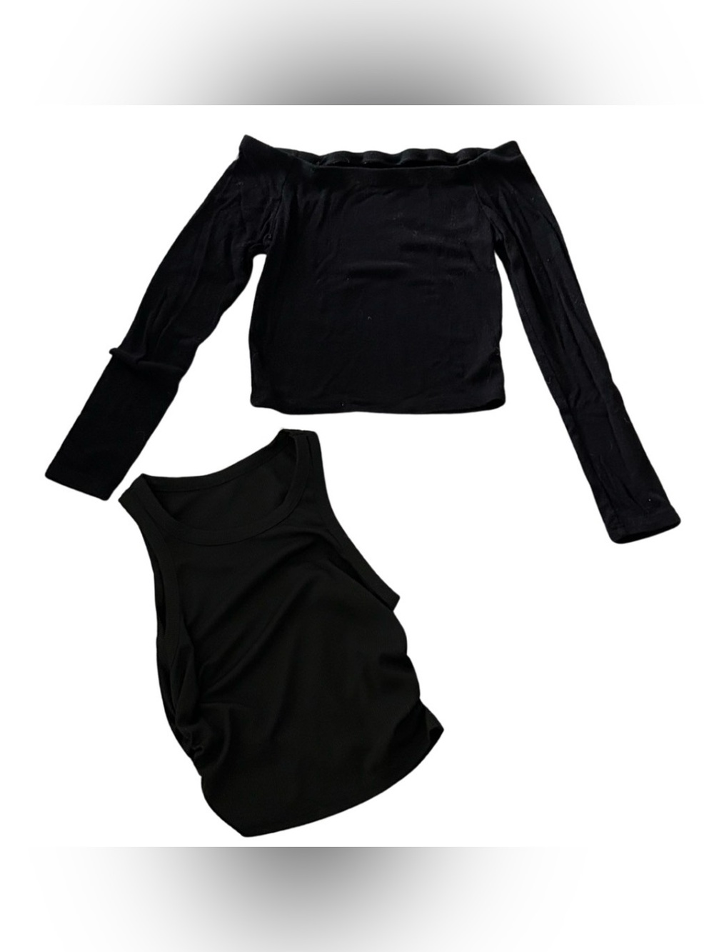 Ribbed Crop Basics Tank & Off the Shoulder Long Sleeve Shirt Bundle | Black | XS